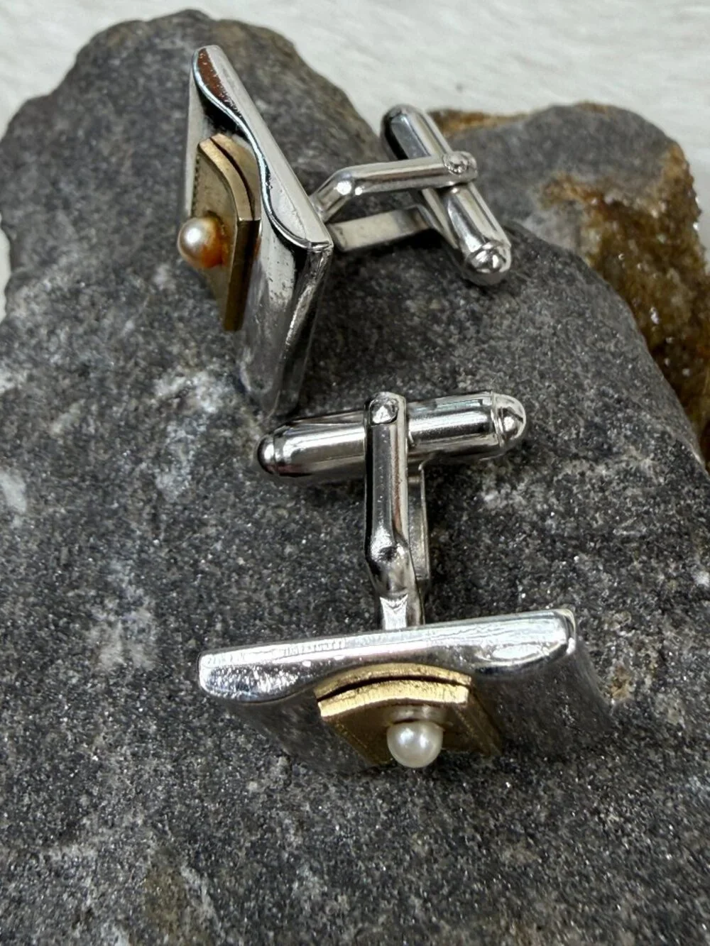 Vintage Anson Two Tone & Faux Pearl Men's Cuff Links Cufflinks Silver Gold